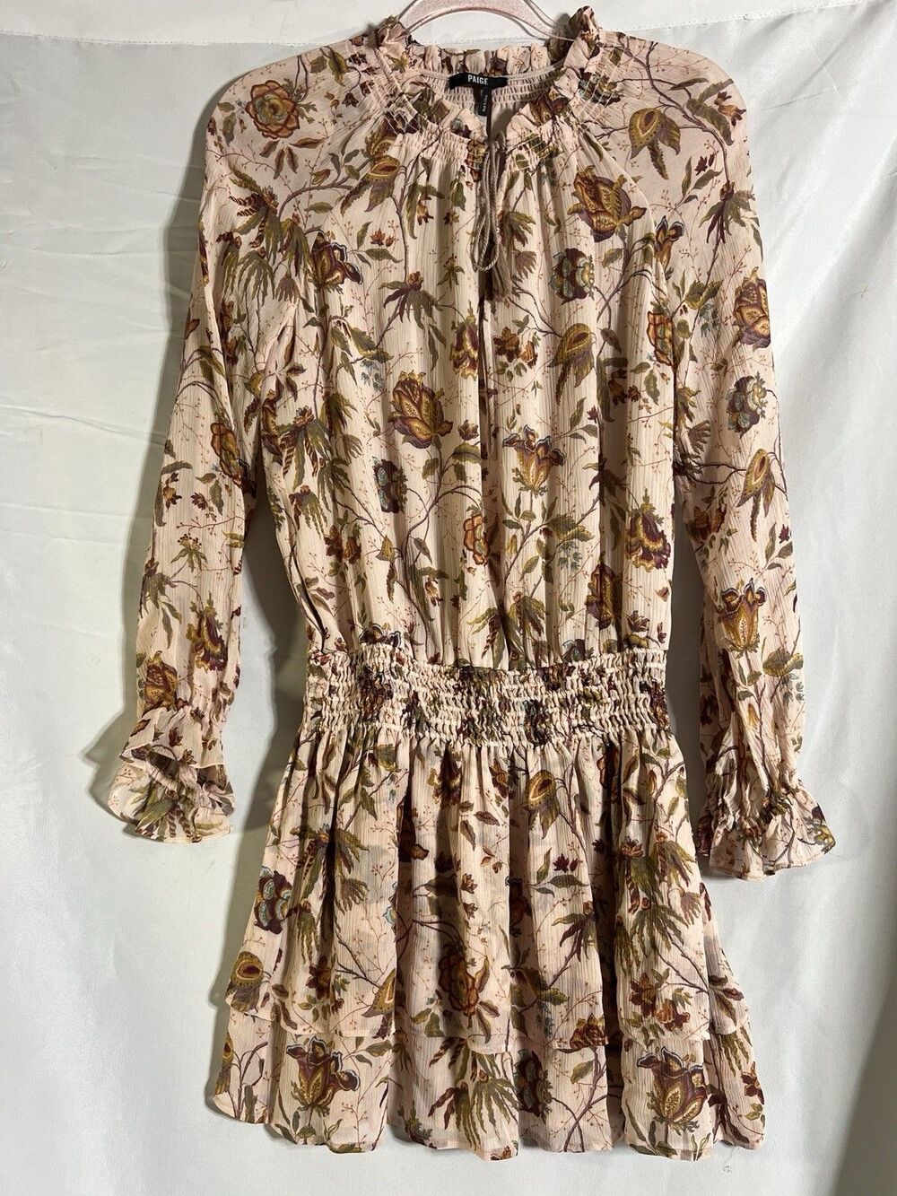 Paige Lemay Silk Dress S Old Rose Covert Green Floral Ruffle Mini Boho V-Neck